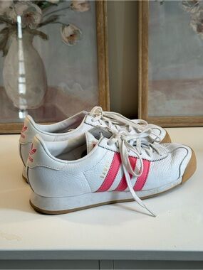 adidas White Leather Sneakers with Pink Stripes